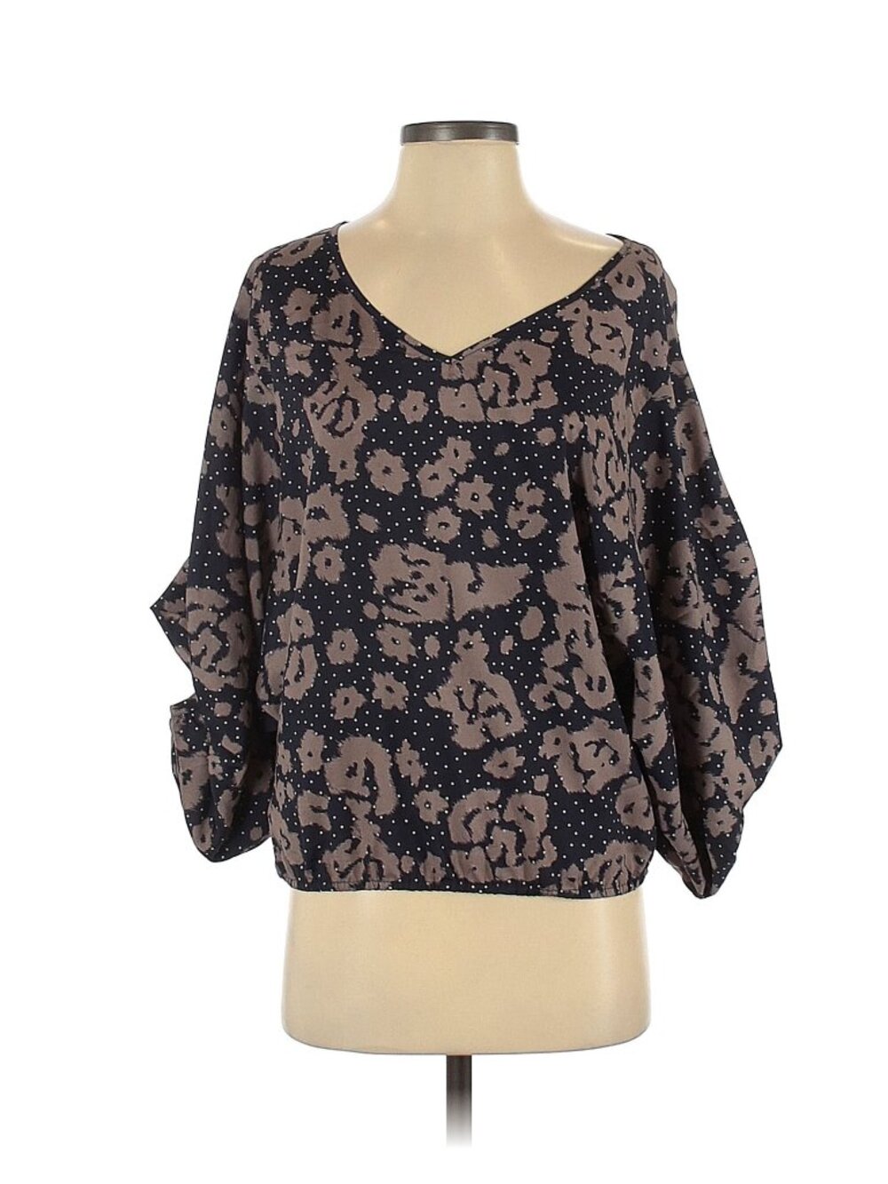 Sunday in Brooklyn Black Brown Ruched Waist Line 3/4 Sleeves Blouse Small